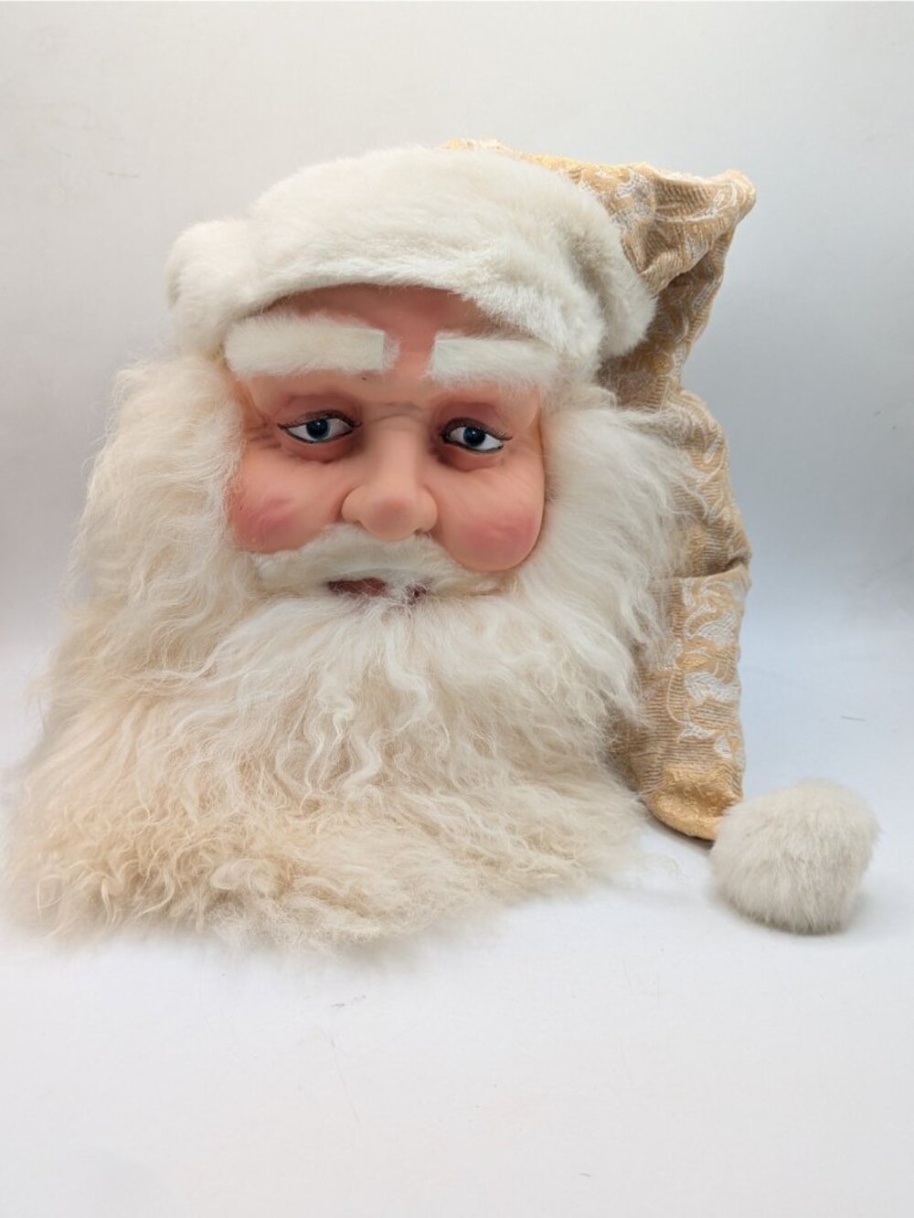 Vintage Free Standing Santa Claus Head Gold Jacquard Hat Blow Mold Face 10"